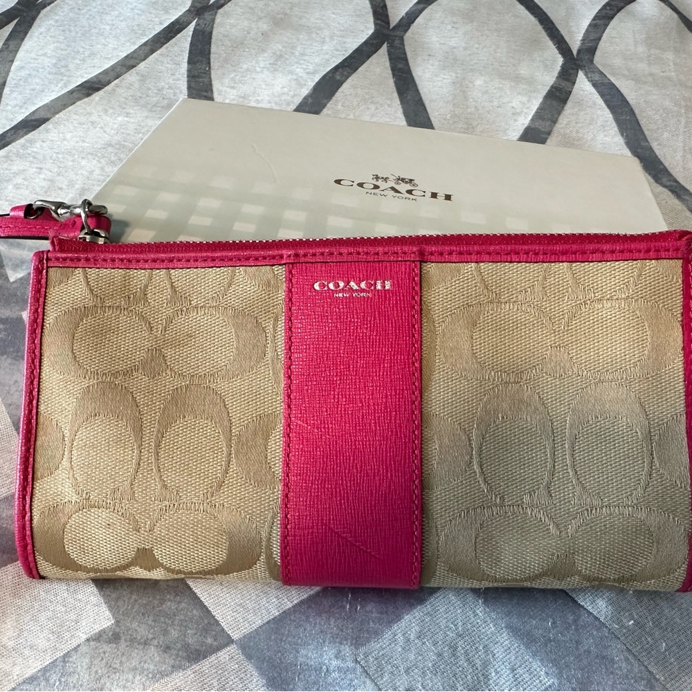 Coach Beige and Pink Monogram Wristlet Wallet